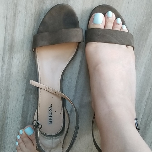 Merona Ankle Brace Khaki Suede Open Toe Heels Sandals Size 8.5 - Picture 2 of 12